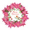 Holiday symbol Christmas wreath with hand painted cute bullfinch, pine cones, watercolor red poinsettia flowers and holly berries
