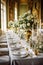 Holiday tablescape, golden formal dinner table setting, table scape with gold decoration for wedding party and event celebration,