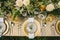 Holiday tablescape, golden formal dinner table setting, table scape with gold decoration for wedding party and event celebration,