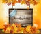 Holiday Thanksgiving background with autumn vegetables and colorful leaves and wooden sign with medical mask. Vector