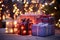holiday-themed gift boxes under glowing christmas lights