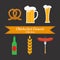 Holiday traditional Bavaria Germany beverage symbol. Isolated beer oktoberfest autumn set. Vector cartoon pretzel concept. Vintage