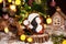 Holiday traditional food bakery. Gingerbread little pinguin in christmas hat with gift in cozy warm decoration with garland lights