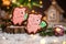 Holiday traditional food bakery. Gingerbread two lucky pink pig with bundle of money in cozy warm decoration with garland lights