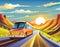 Holiday Travel Series - Colorful Abstract Art Image of Bus Road Trip, created with Generative AI technology