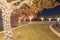 Holiday tree lights and fall foliage at public park in residential subdivision in America