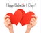 Holiday valentine background with hands holding two red hearts.