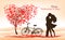 Holiday Valentine`s Day background. Tree with heart-shaped leaves and Couple in Love