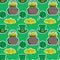 Holiday vector seamless pattern St. Patrick s Day. Quatrefoil clover, leprechaun hat, pot of gold and a handful of coins