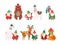 Holiday winter characters. Christmas dwarfs with animals in knit hats and scarves. Isolated scandi cartoon man with