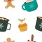 Holiday winter Christmas drinks and bakery seamless pattern