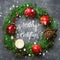 Holiday wreath. Juniper red apples pomegranates pine cones ball candle gift box. Snow effect. Merry Christmas hand lettering
