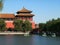 Holidaymakers riding paddle boats outside the forbidden city, beijing