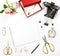 Holidays flat lay gift box vintage camera rose flowers