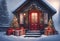 a holidays gifts delivery snowfall warm cozy holiday cabin seasons greetings country christmas night snow evening lights snowy