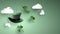 Holidays greeting animation footage of hanging of St. Patrick`s badge with green hat, white clouds, clover leaves and butterfly.