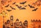 Holidays Halloween concept. haunted alley with vintage fence, street lamp trees and bats over orange background. Top view, flat