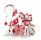 Holidays motive, letters XMAS with abstract cone tree and glass jar with candy canes, illustration