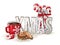 Holidays motive, letters XMAS, glass jar with candy canes, red cup of coffee and chocolate cookies, illustration