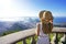 Holidays in Rio de Janeiro, Brazil. Traveler girl on Corcovado mountain looks Guanabara Bay, Rio de Janeiro, Brazil