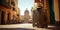 Holidays in Rome. A leather travel bag and a straw hat appear in the foreground. Historic Italian buildings.