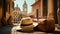 Holidays in Rome. A leather travel bag and a straw hat appear in the foreground. Historic Italian buildings.