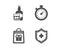 Holidays shopping, Whiskey glass and Timer icons. Medical shield sign. Vector