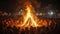 Holika Dahan, crowd around big burning fire and flames in Holi color festival, Hindu holiday celebration