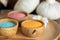 Holistic Spa Relaxation with Three Aromatherapy multicolor salt spa in wooden bowl and Herbal Compress