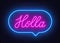 Holla neon sign in the speech bubble on brick wall background.