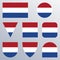 Holland flag icon set. The Netherlands flag button or badge in different shapes. Vector illustration.