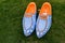 Holland Michigan Clog Shoes Painted in Orange, White and Blue pattern