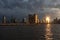 Holland Tunnel Ventilation Shaft and Pier 34 at Hudson River Park in New York City during a Sunset