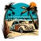 Holliday road trip by vehicle. Silhouettes of palm trees with the setting sun in the background. cartoon vector illustration,