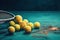 Holliday sport composition with yellow tennis balls and racket on a blue background of hard tennis court. AI generated