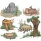 Hollow tree stump firewood hole in the forest nature stones and grass wildlife glade hand drawn separately on a white