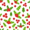 Holly berries seamless pattern. Mistletoe background. Winter texture with red berries and leafs. Xmas design elements