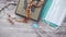 holly book of quran, prayer rosary , hand sanitizer and mask on floor