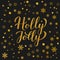 Holly Jolly calligraphy hand lettering with gold snowflakes, stars and dots on black background. Vector template for winter