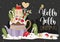 Holly Jolly Christmas greetings with festive teapot, twigs and sweets.