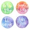 Holly Jolly, HoHoHo, Hello santa, Jingle bells on watercolor painted circle backgrounds. Holiday banner, sticker, or poster design