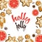 Holly Jolly. Holiday greeting card with gingerbreads, spices, citrus slicesand calligraphy elements.