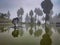 Holly lake with snake statue perfect reflection at misty morning from flat angle