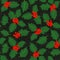 Holly leaves and berries seamless pattern on dark