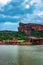 Holly religious lake with ancient temple and mountain background at morning