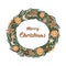 Holly wreath. Traditional Christmas decoration with spruce branches and berries with merry christmas wish