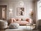 Hollywood glam interior design of living room with pink sofa. Created with generative Ai