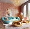 Hollywood regency style interior design of modern living room with turquoise sofa and pink armchair near golden round coffee table