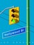 Hollywood street sign on the green pillar. A classic yellow traffic light with a green light signal. Realistic vector illustration