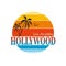 Hollywood t-shirt and apparel design with palm tree and halftoned sun, vector illustration, typography, print, logo